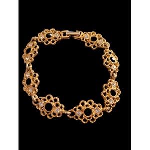 Vintage Gold Tone Flowers with Black and Clear Rhinestones Bracelet 7"